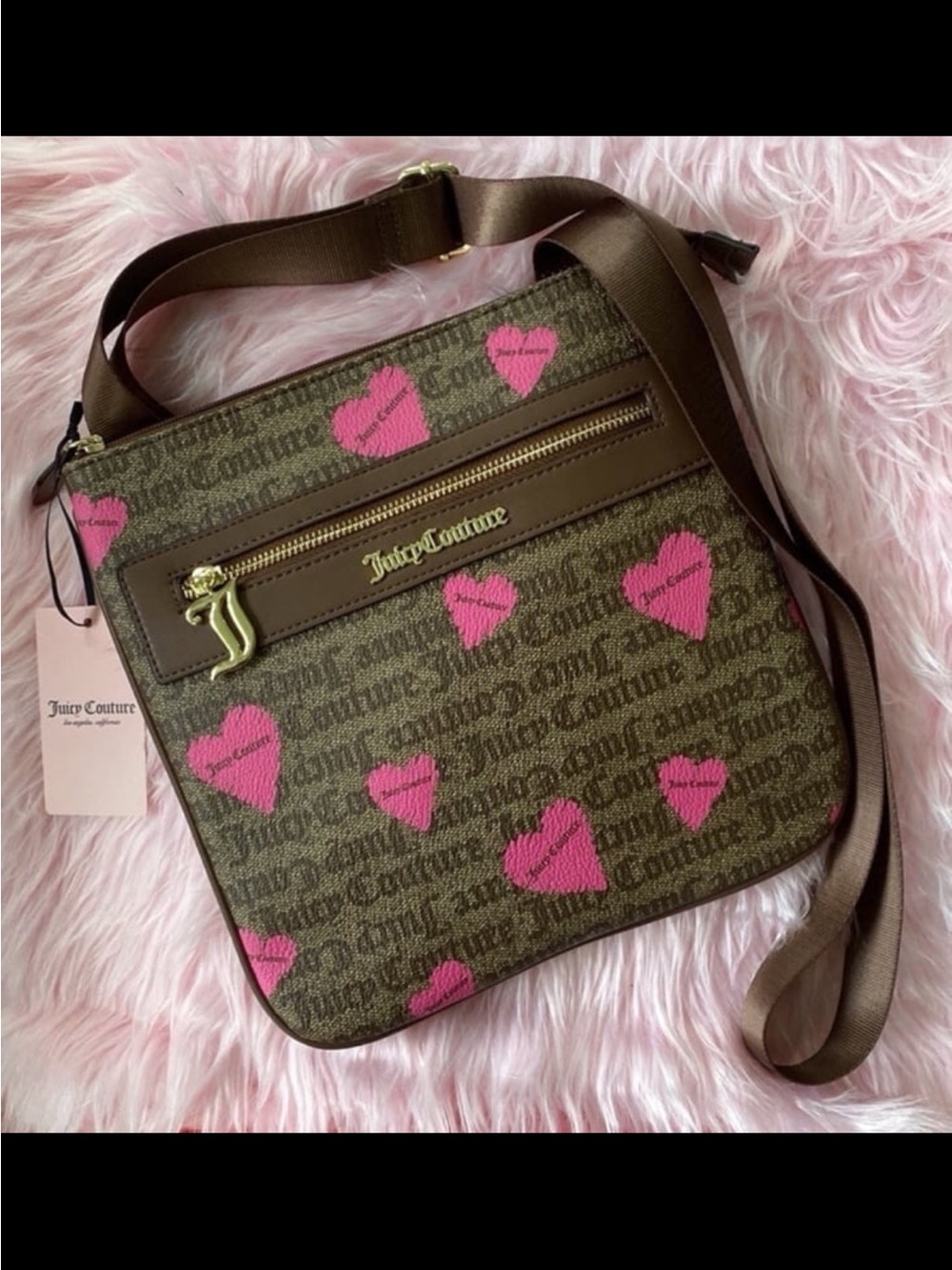 Juicy Couture Brown Crossbody with Pink Heart Print